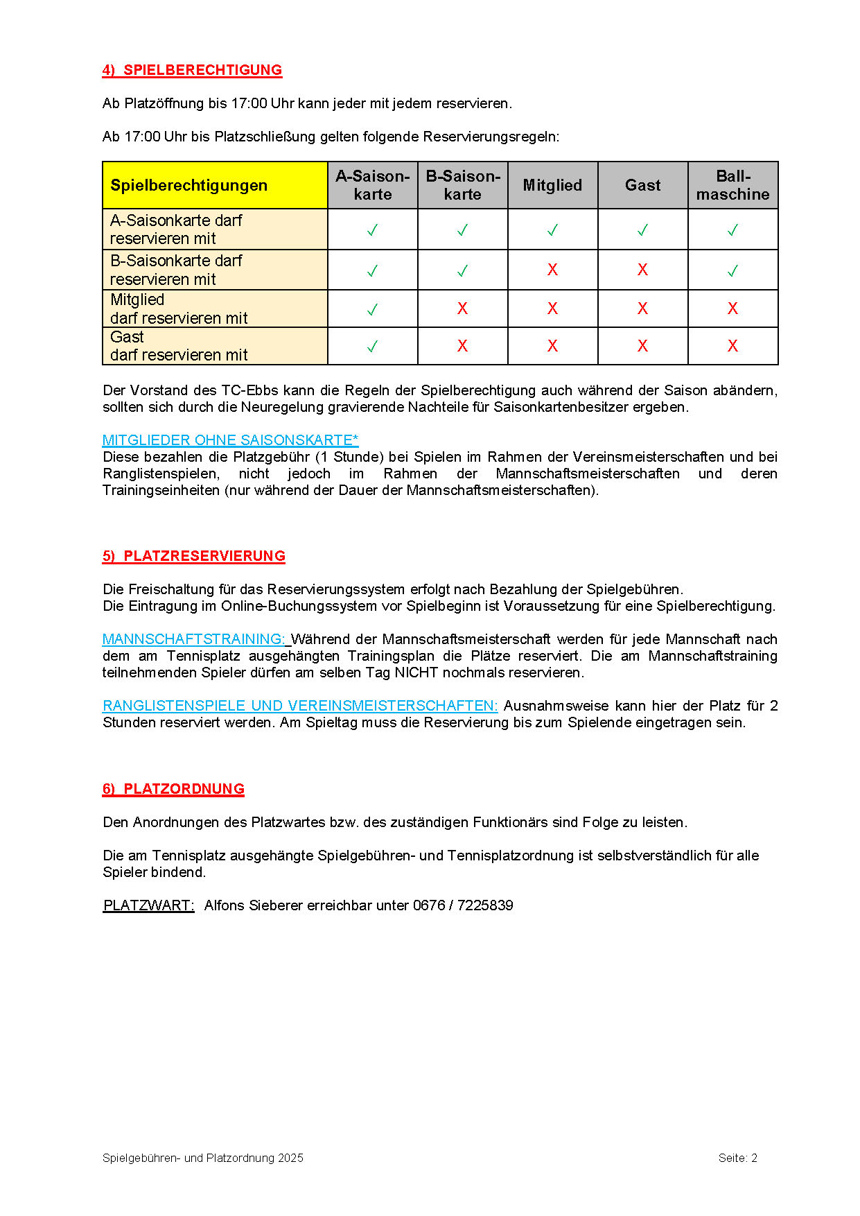 Spielgebühren  und Platzordnung 2025 Page 2