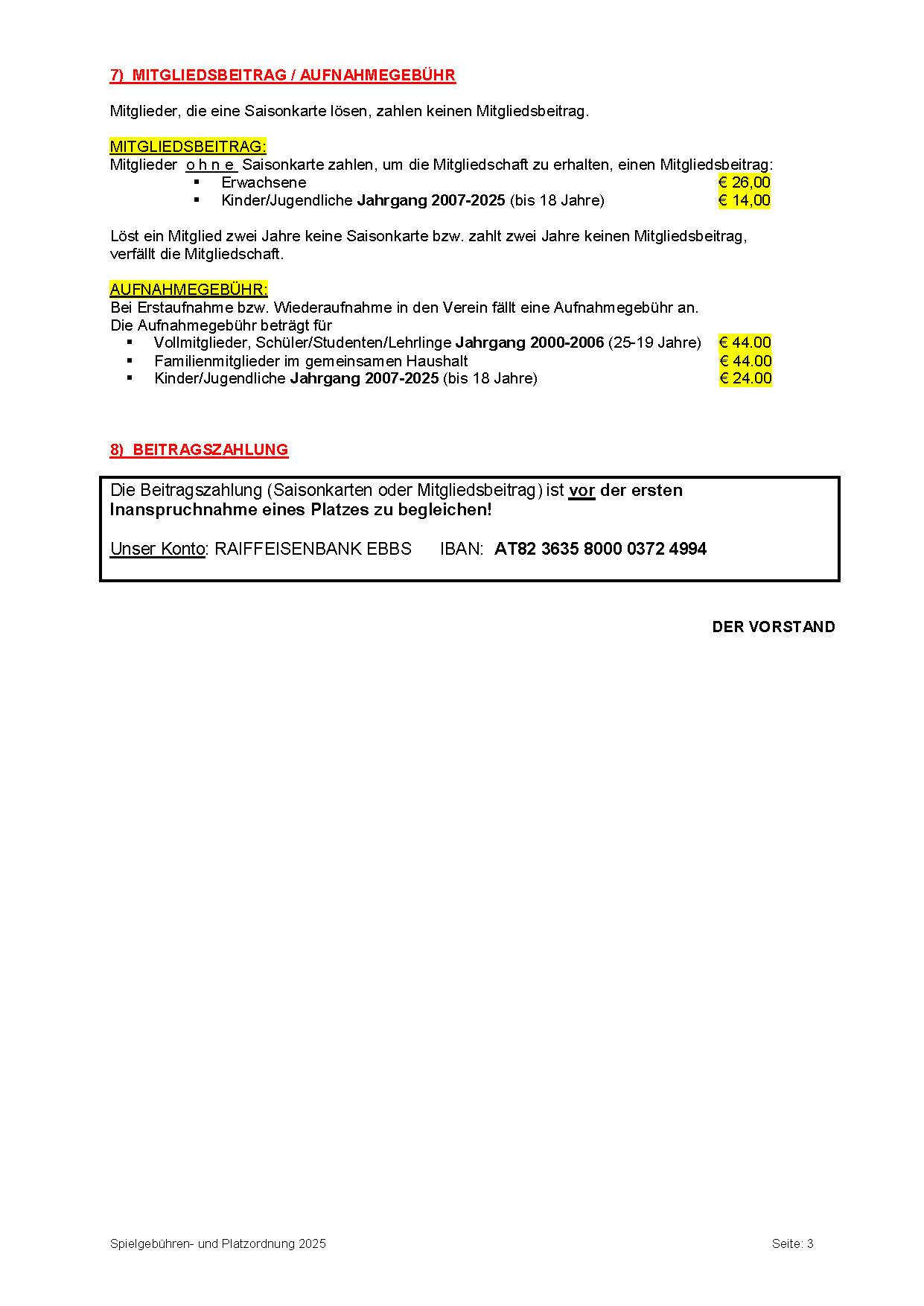 Spielgebühren  und Platzordnung 2025 Page 3